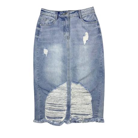 Women's denim long skirt ripped skirt fringed hem custom denim skirt