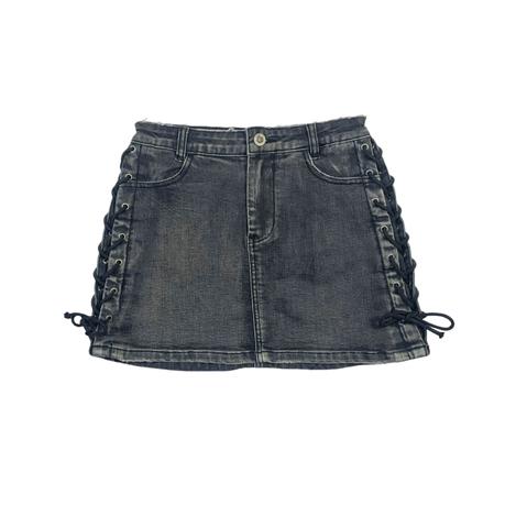 Women's denim skirt side eyelets with string custom denim skirt