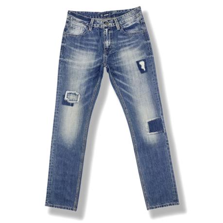 Men's jeans straight fit decorative patch ripped jeans normal size custom men jeans
