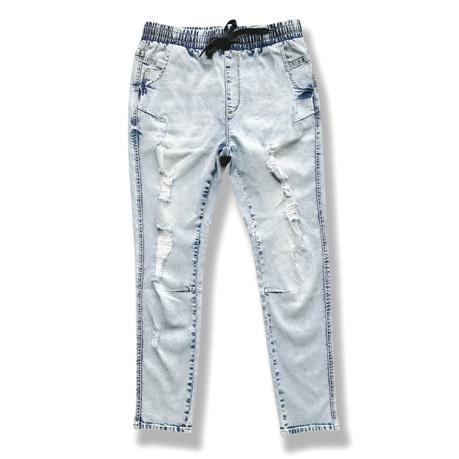 Women's Jeans slim fit snow wash ripped jeans elastic waist drawstring custom jeans