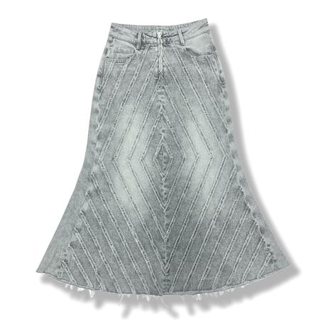 Women's denim long flared skirt fringed effect zipped skirt raw hem normal size custom denim long skirt