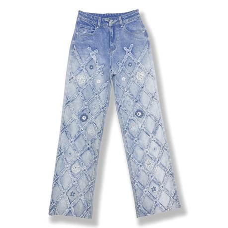 Women's Jeans straight fit fringed effect embroidered jeans raw hem custom jeans