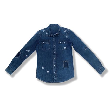 Men's denim shirt slim fit ripped shirt patchwork shirt custom denim shirt