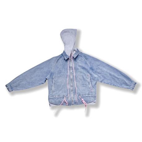 Women's denim hooded jacket loose fit spliced knitted fabric jacket custom denim jacket